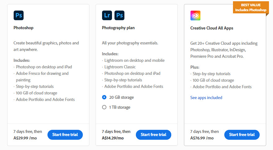 best graphic design software - Photoshop pricing