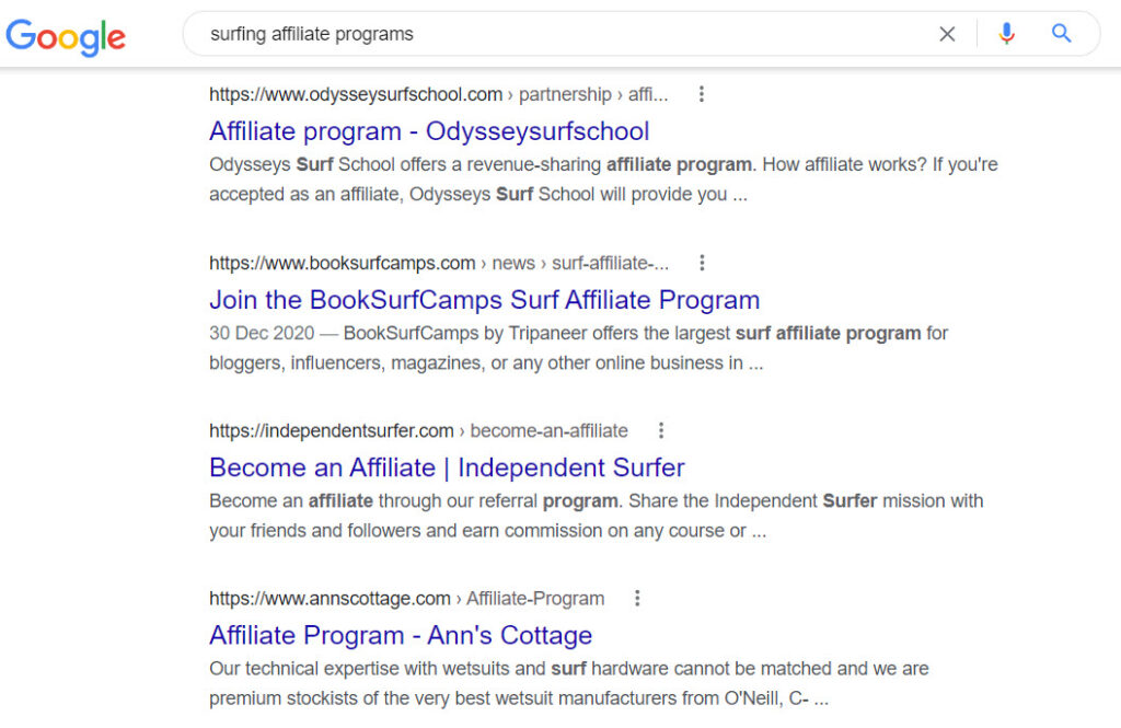 Surfing affiliate programs -Affiliate program list