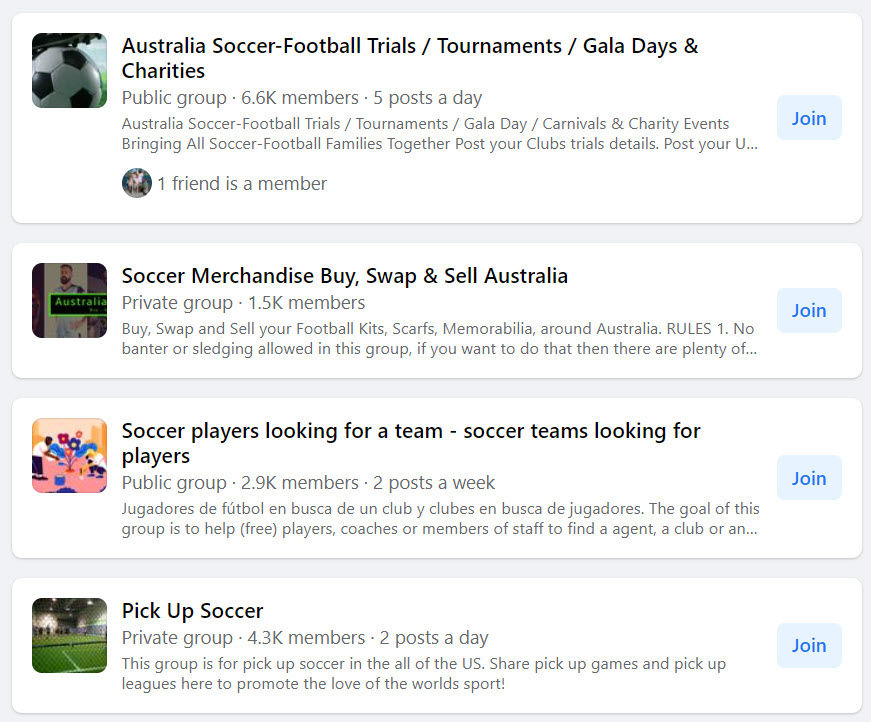 Sell soccer gear online - Facebook groups